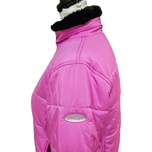 Spyder Pink Full Zip Front Puffer Jacket Black Faux Fur Trim Size 4 Outdoor Snow - Picture 6 of 12